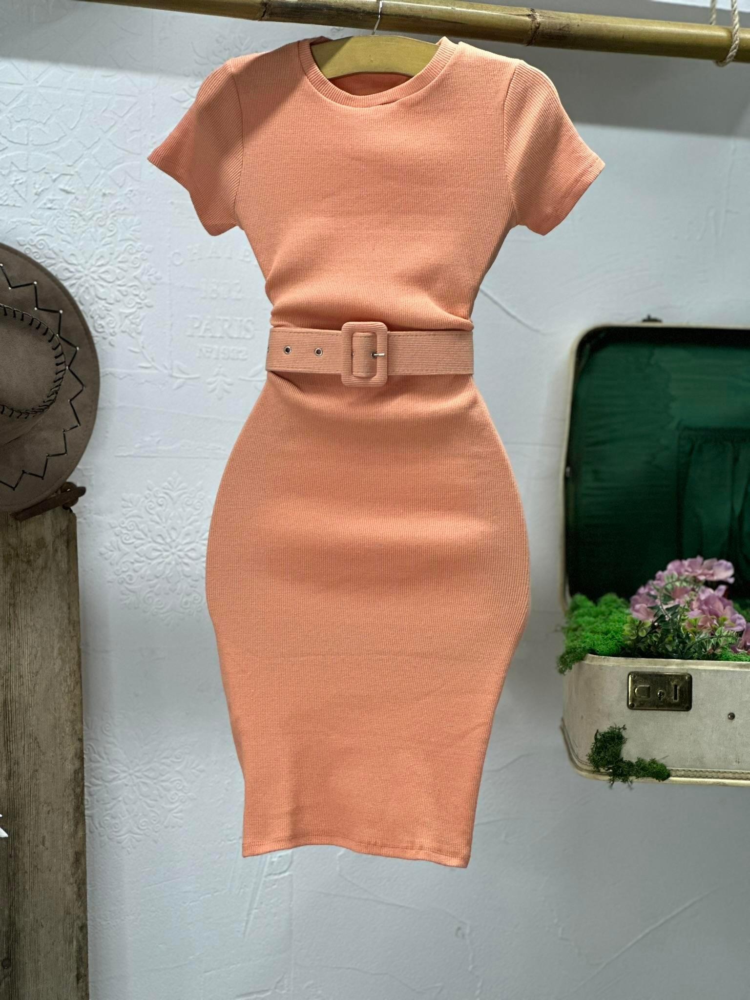 Kaşkorse Kumaş Kaplama Kemerli Kısa Kollu  Kalem Elbise 