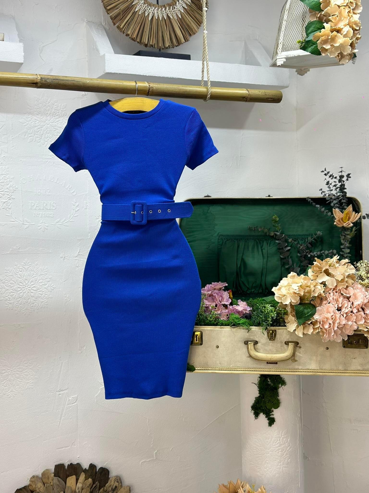 Kaşkorse Kumaş Kaplama Kemerli Kısa Kollu  Kalem Elbise 