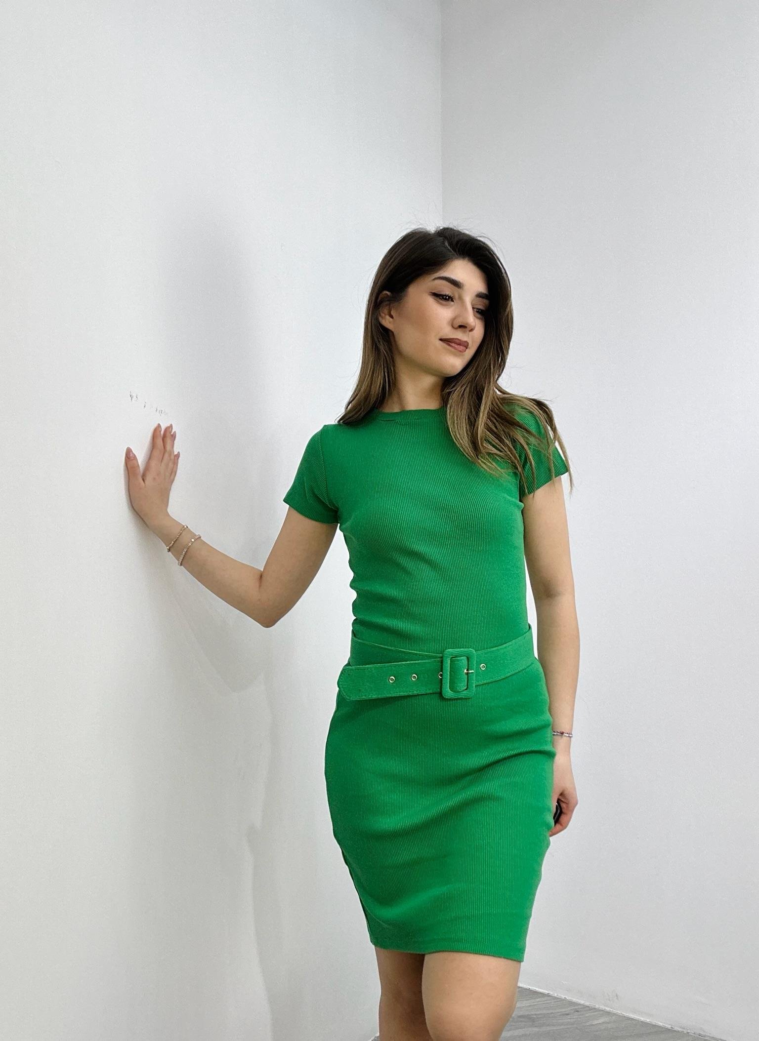 Kaşkorse Kumaş Kaplama Kemerli Kısa Kollu  Kalem Elbise 