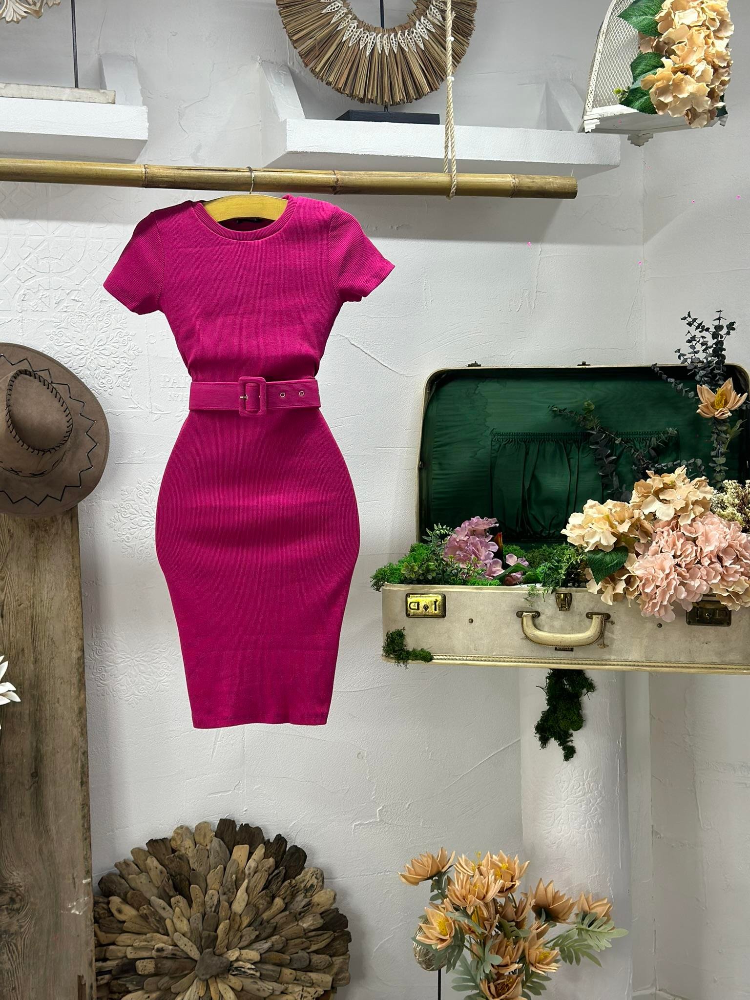 Kaşkorse Kumaş Kaplama Kemerli Kısa Kollu  Kalem Elbise 