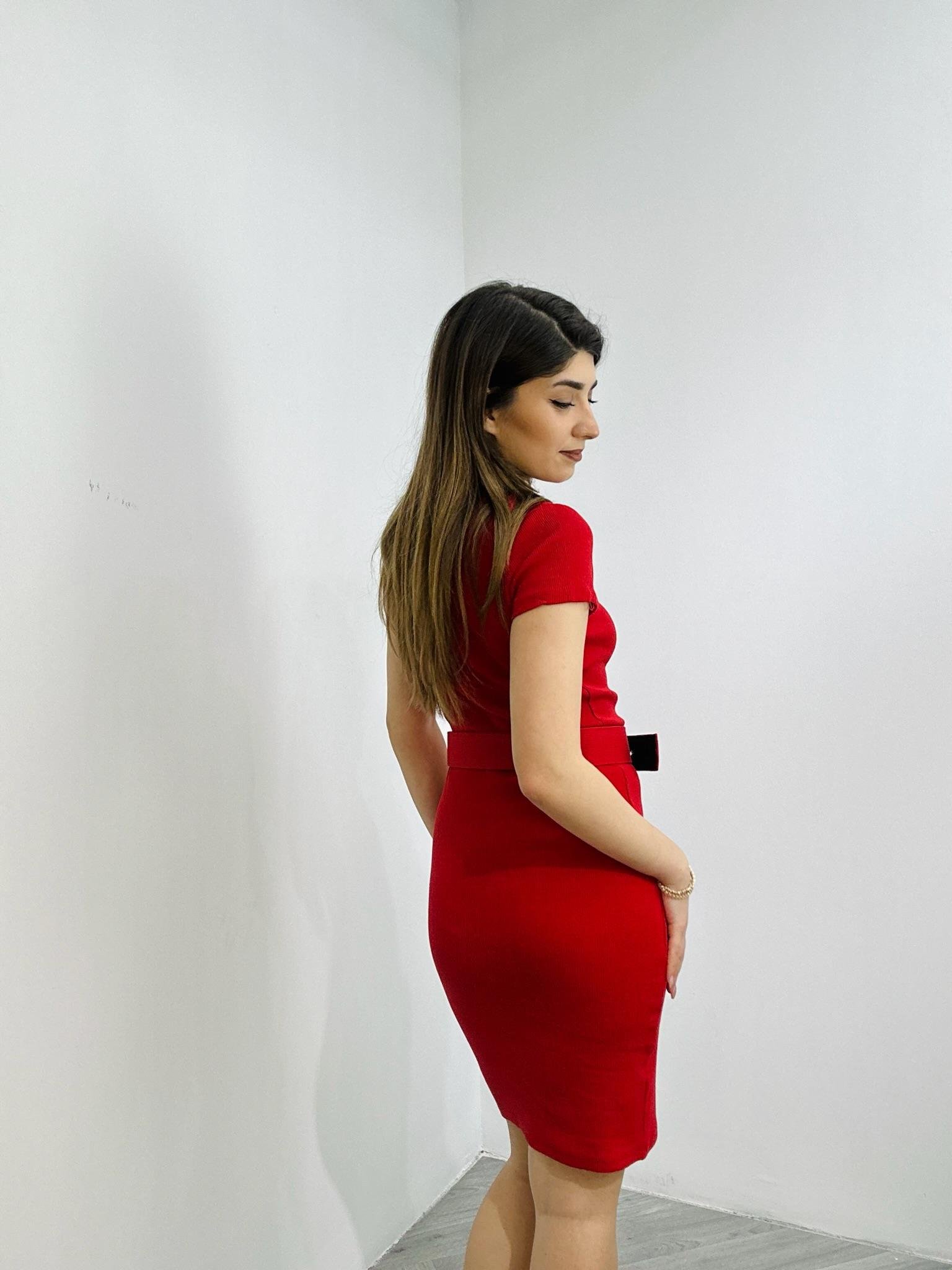 Kaşkorse Kumaş Kaplama Kemerli Kısa Kollu  Kalem Elbise 