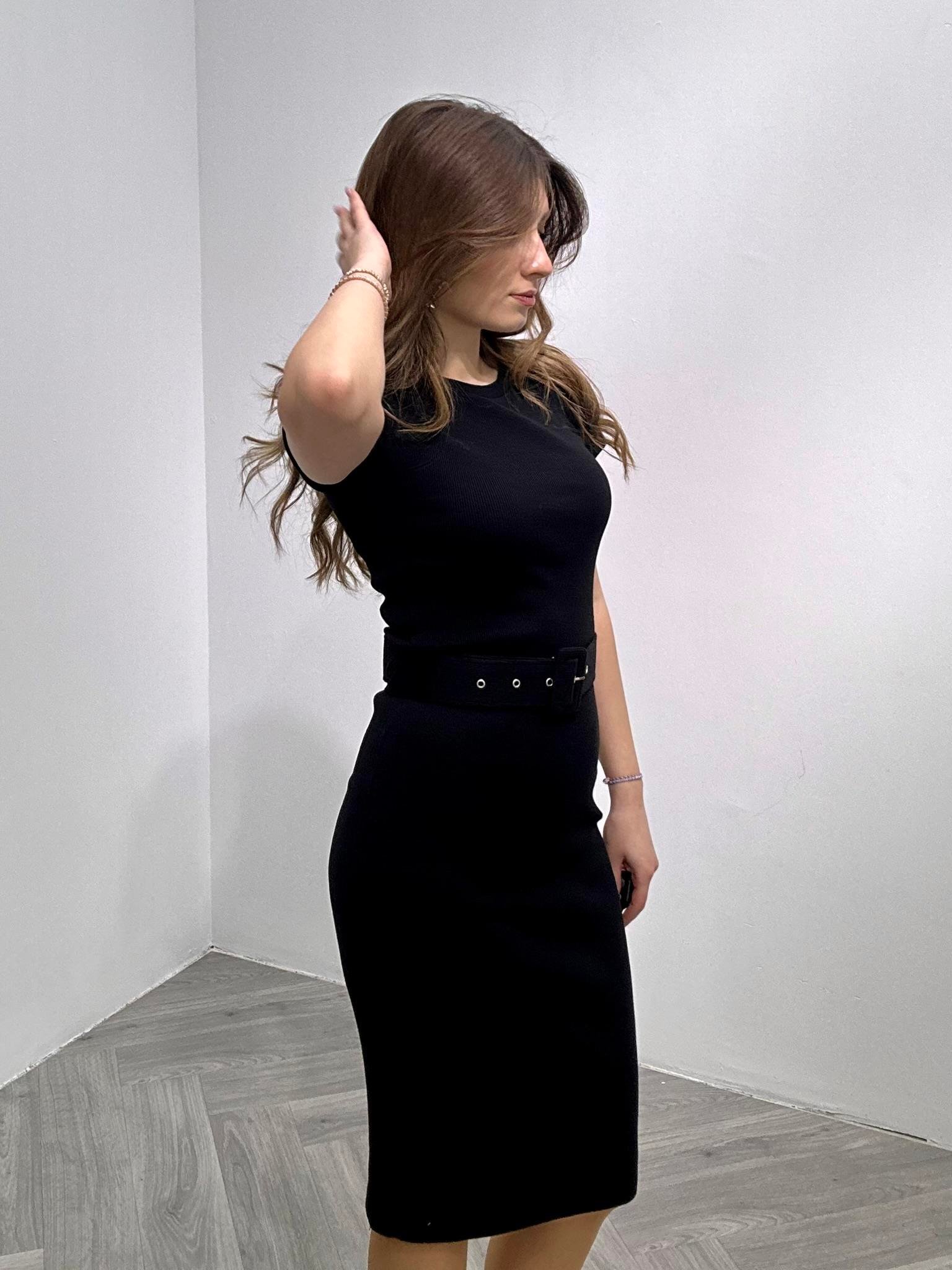 Kaşkorse Kumaş Kaplama Kemerli Kısa Kollu  Kalem Elbise 