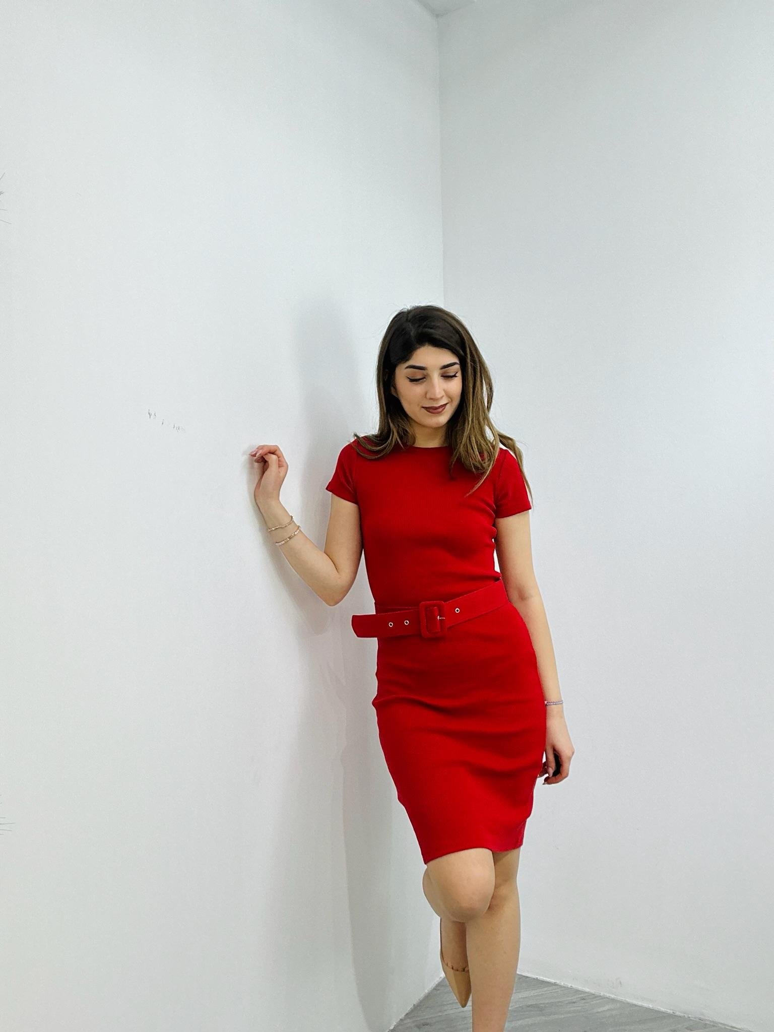 Kaşkorse Kumaş Kaplama Kemerli Kısa Kollu  Kalem Elbise 