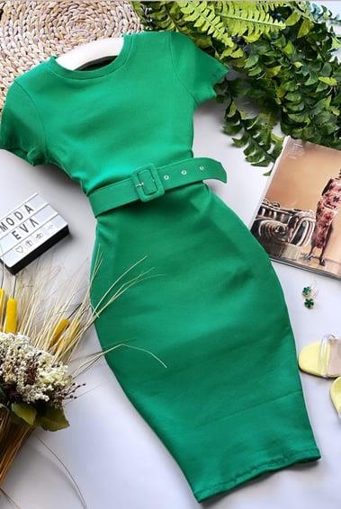 Kaşkorse Kumaş Kaplama Kemerli Kısa Kollu  Kalem Elbise 