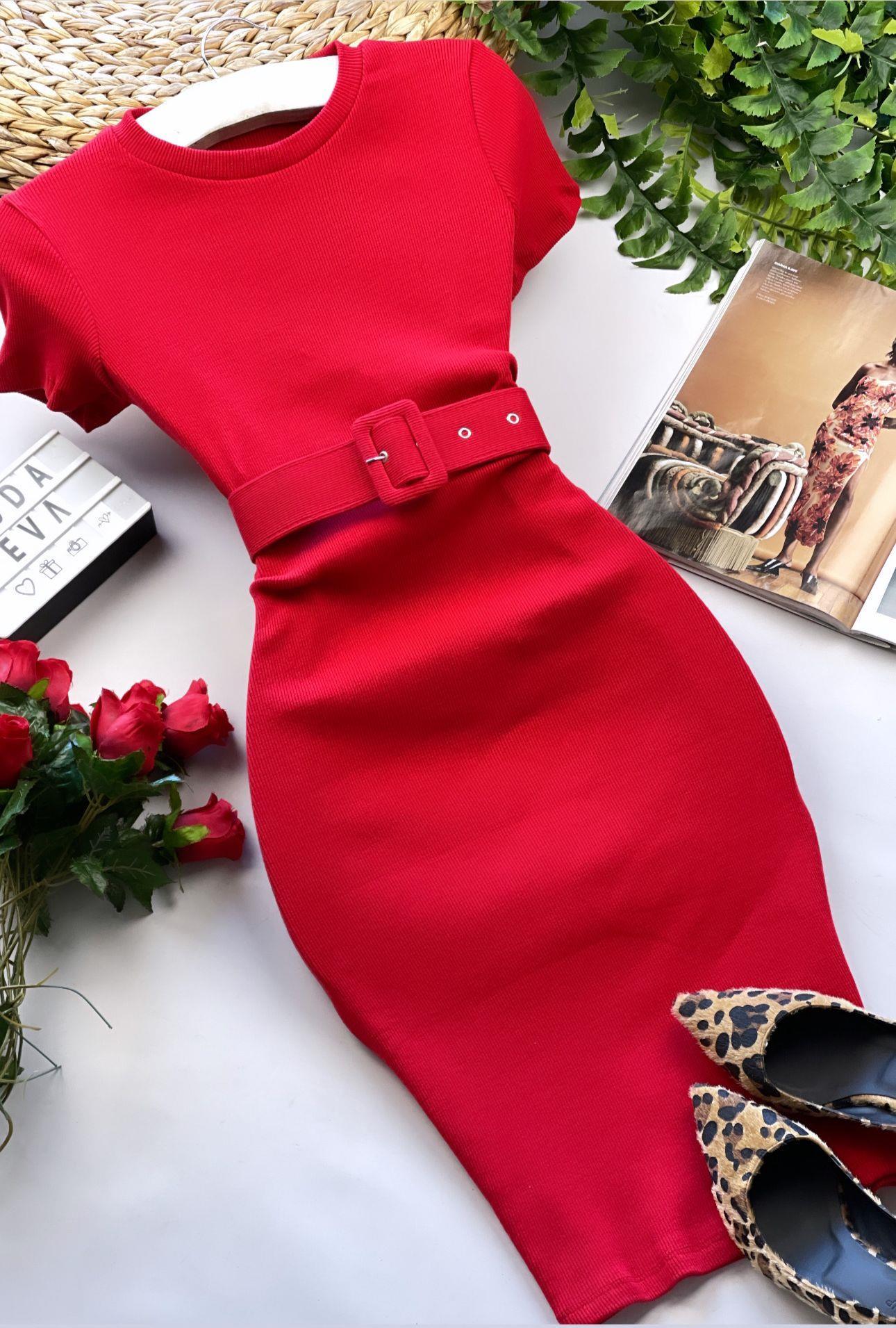 Kaşkorse Kumaş Kaplama Kemerli Kısa Kollu  Kalem Elbise 