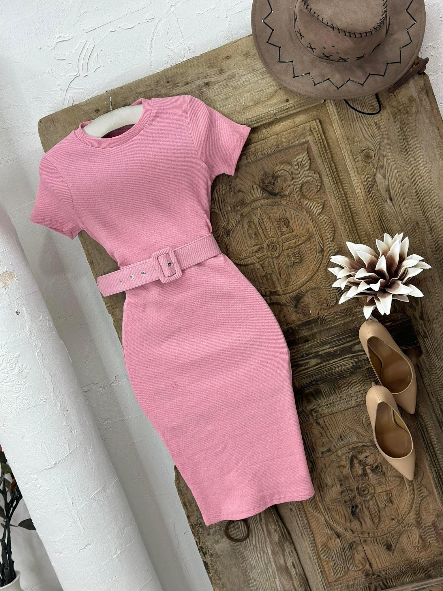 Kaşkorse Kumaş Kaplama Kemerli Kısa Kollu  Kalem Elbise 