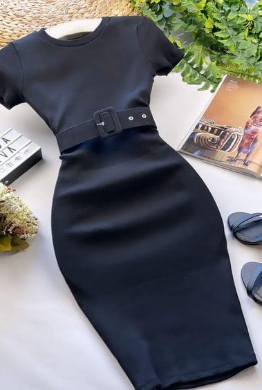 Kaşkorse Kumaş Kaplama Kemerli Kısa Kollu  Kalem Elbise 