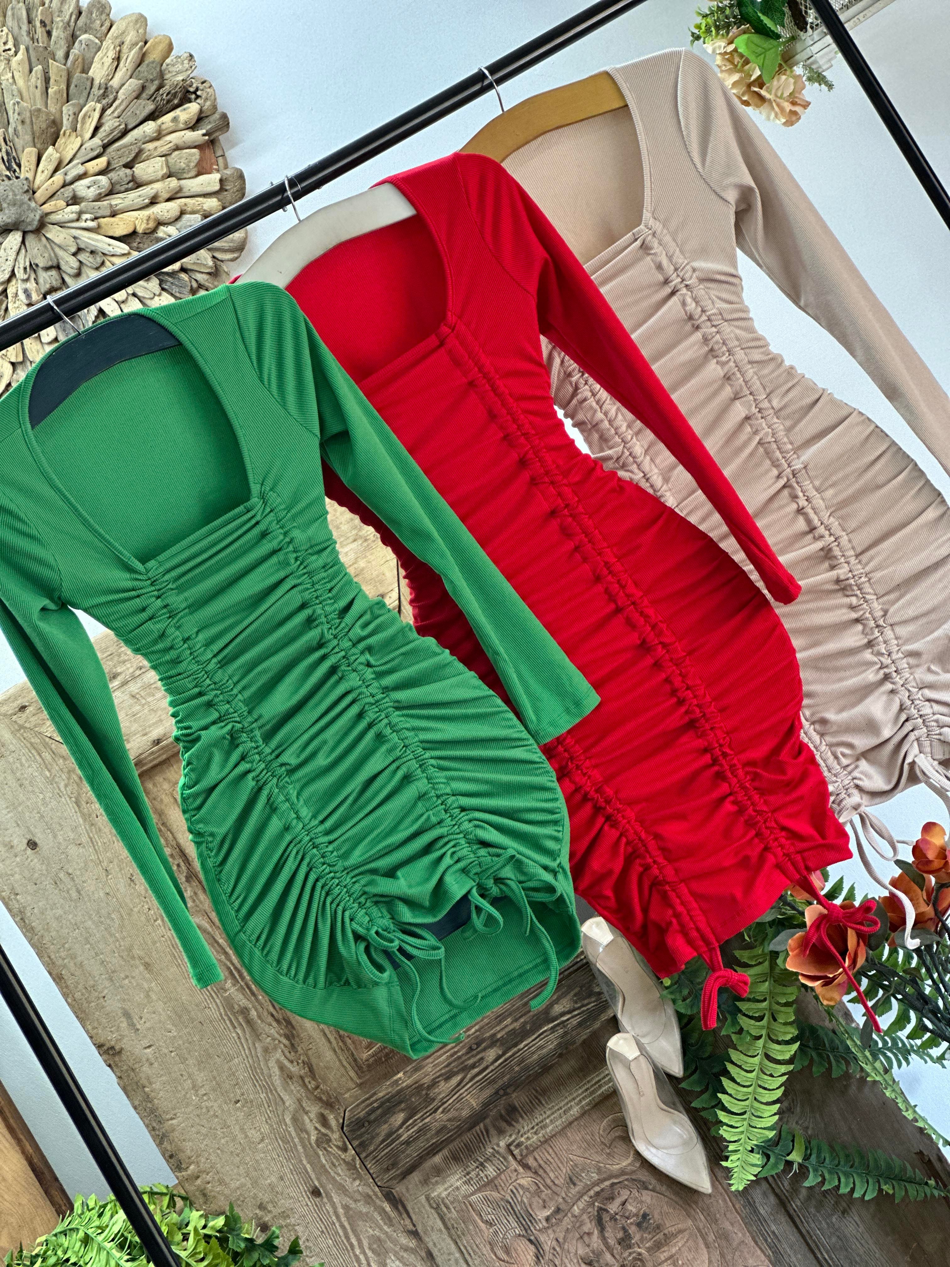 Kaşkorse Kumaş Kare Yaka Önü Çift Büzgülü Elbise