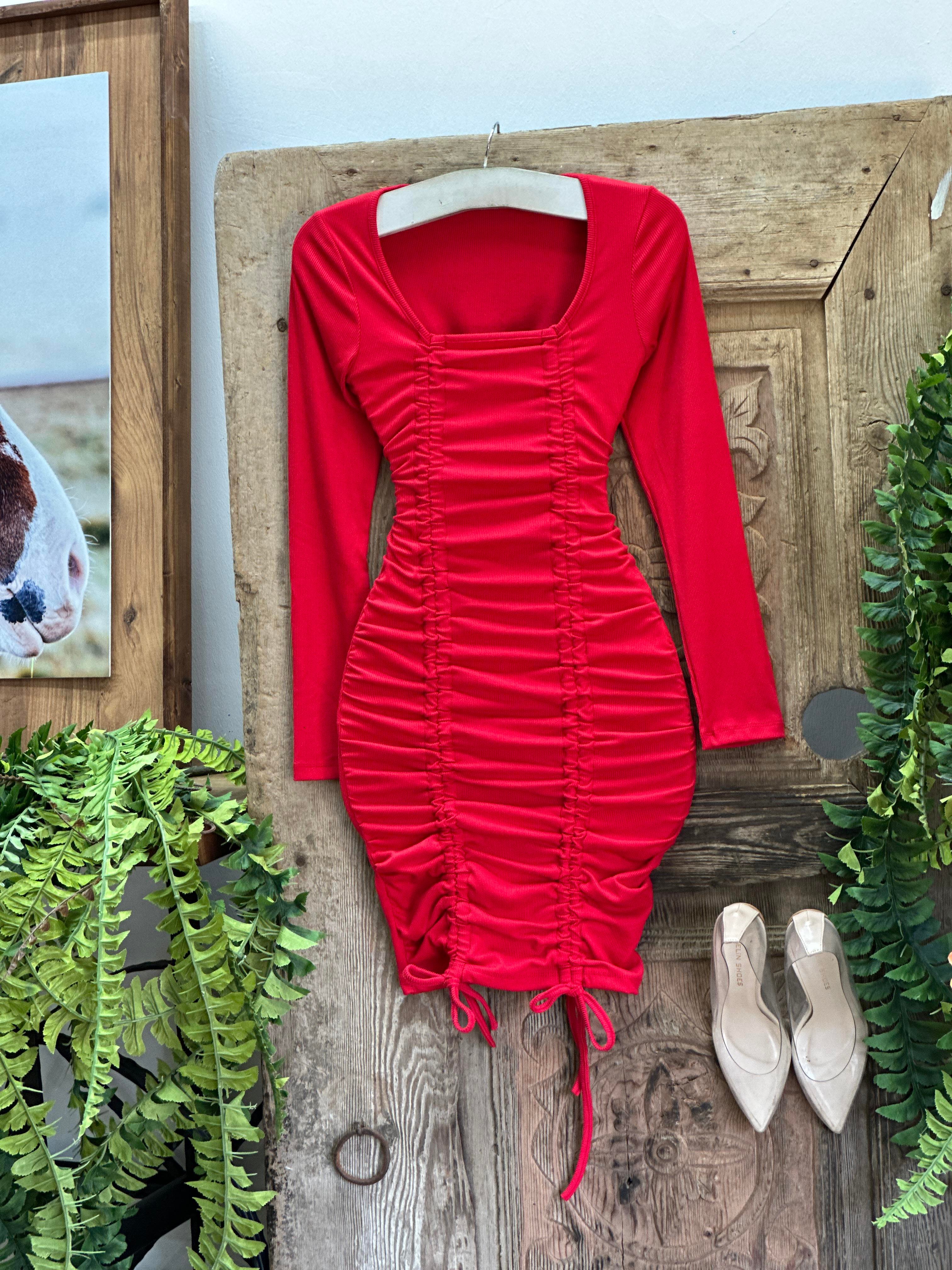 Kaşkorse Kumaş Kare Yaka Önü Çift Büzgülü Elbise