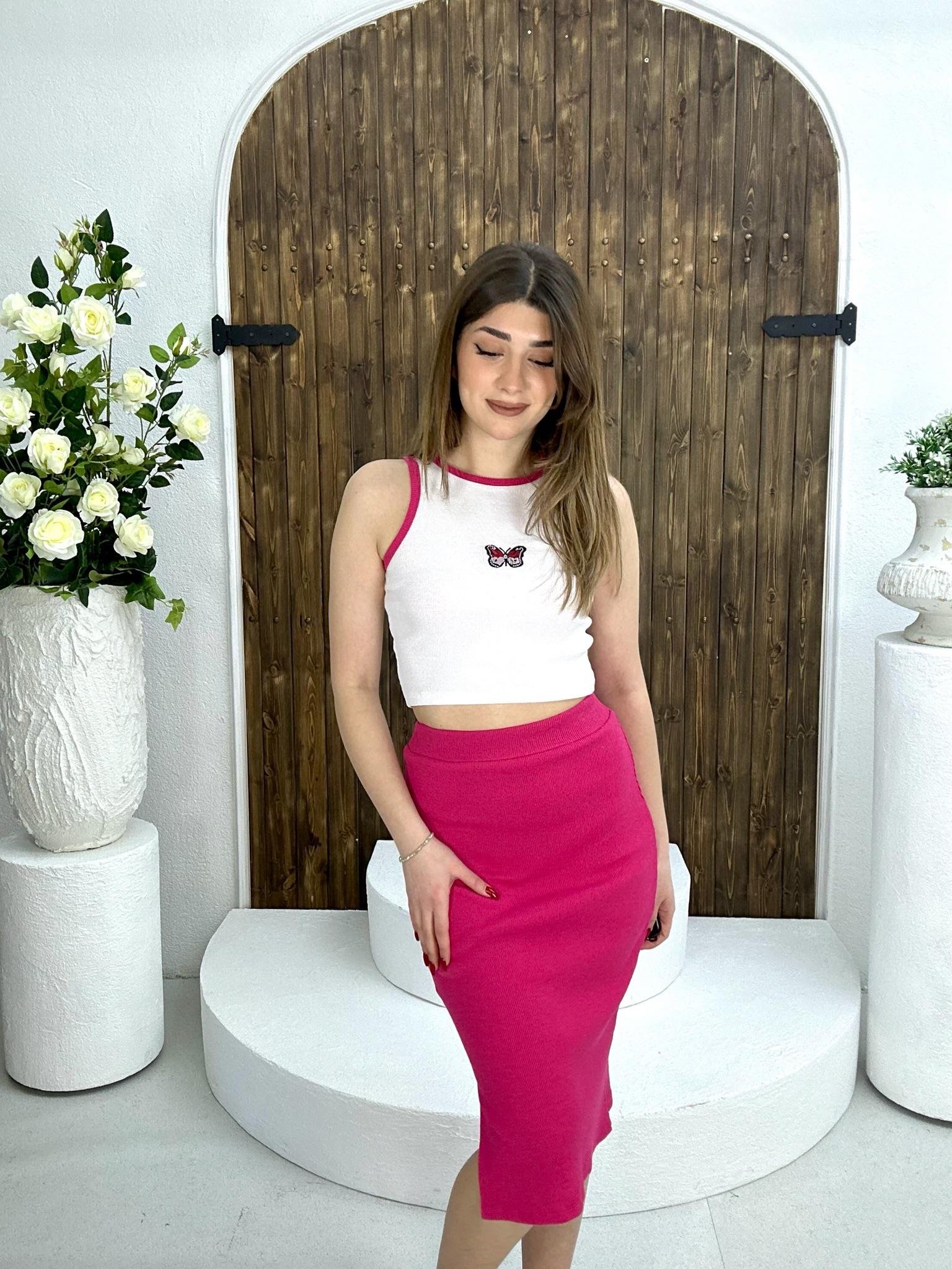 Kaşkorse Kumaş Kelebek Nakışlı Etek Crop İkili Takım 