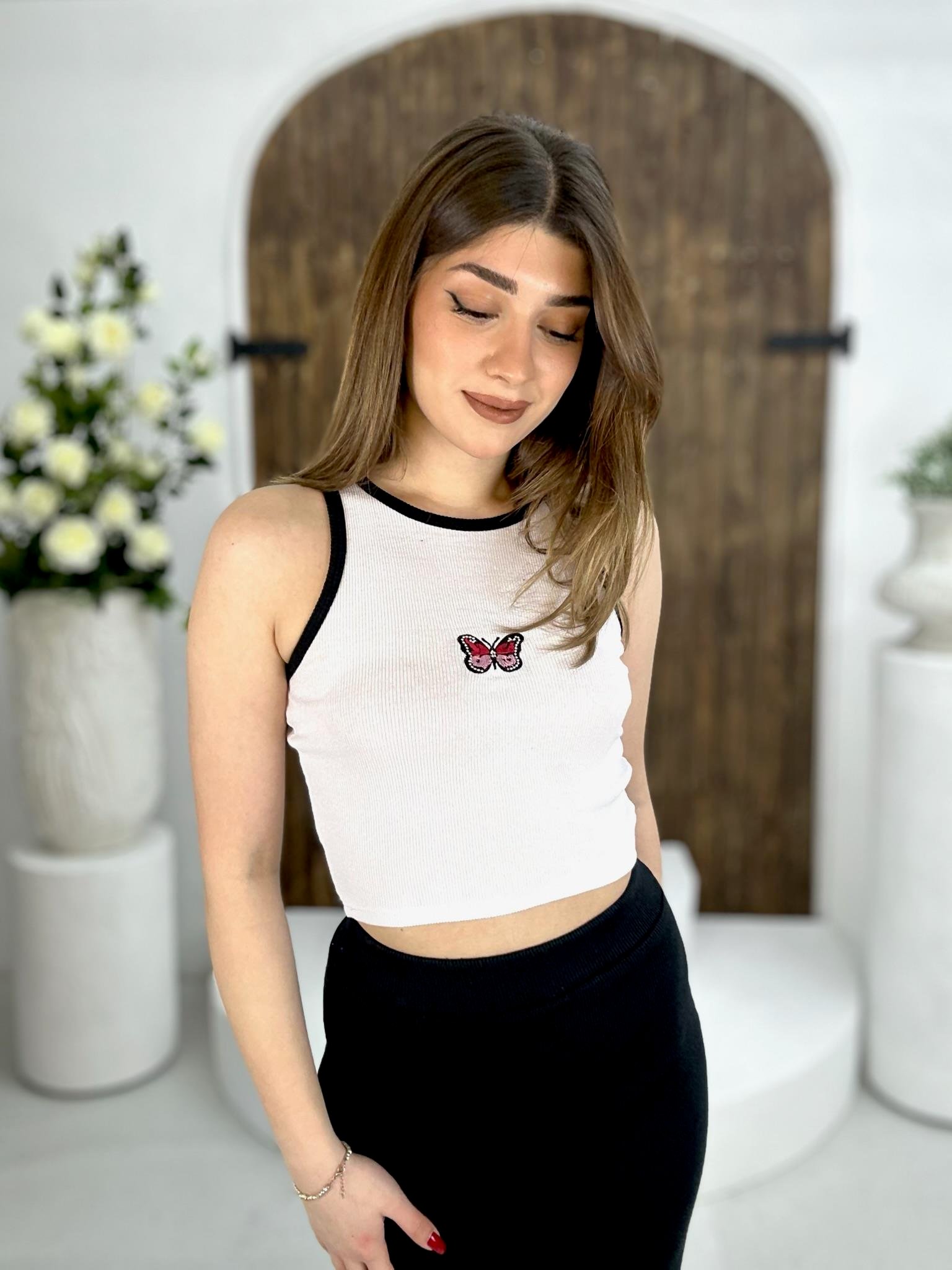 Kaşkorse Kumaş Kelebek Nakışlı Etek Crop İkili Takım 