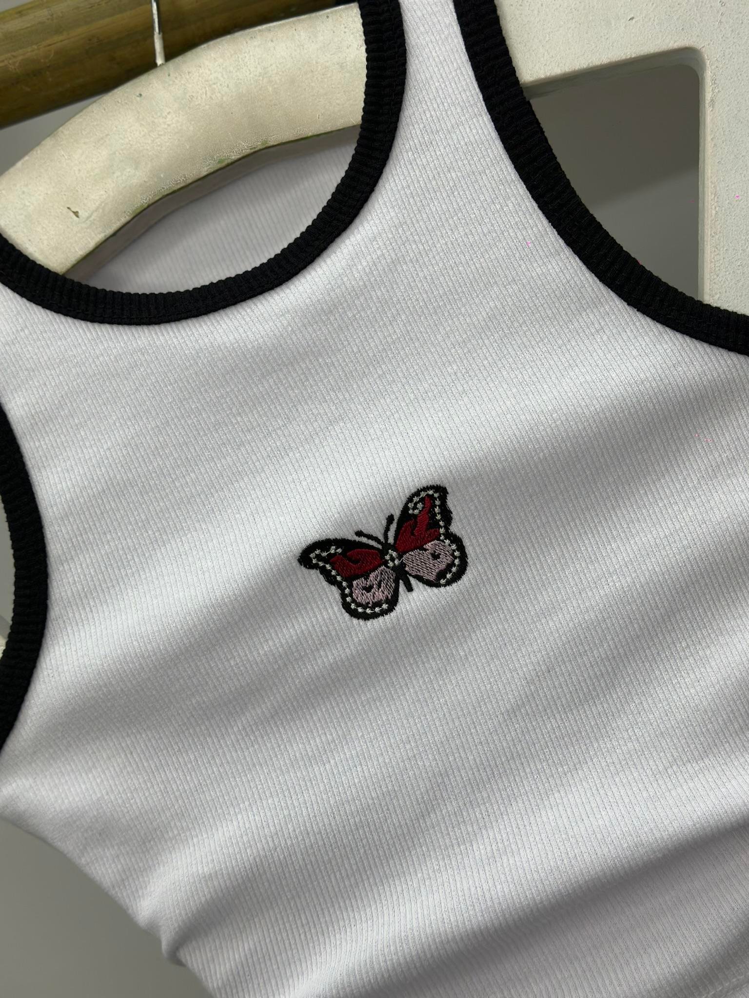 Kaşkorse Kumaş Kelebek Nakışlı Etek Crop İkili Takım 