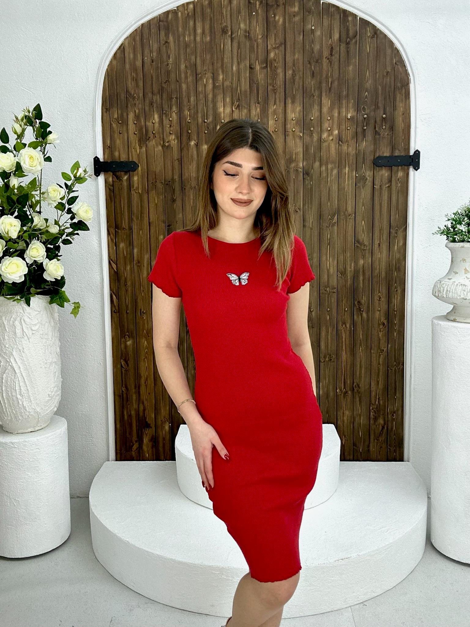 Kaşkorse Kumaş Kelebek Nakışlı Kalem Model Elbise