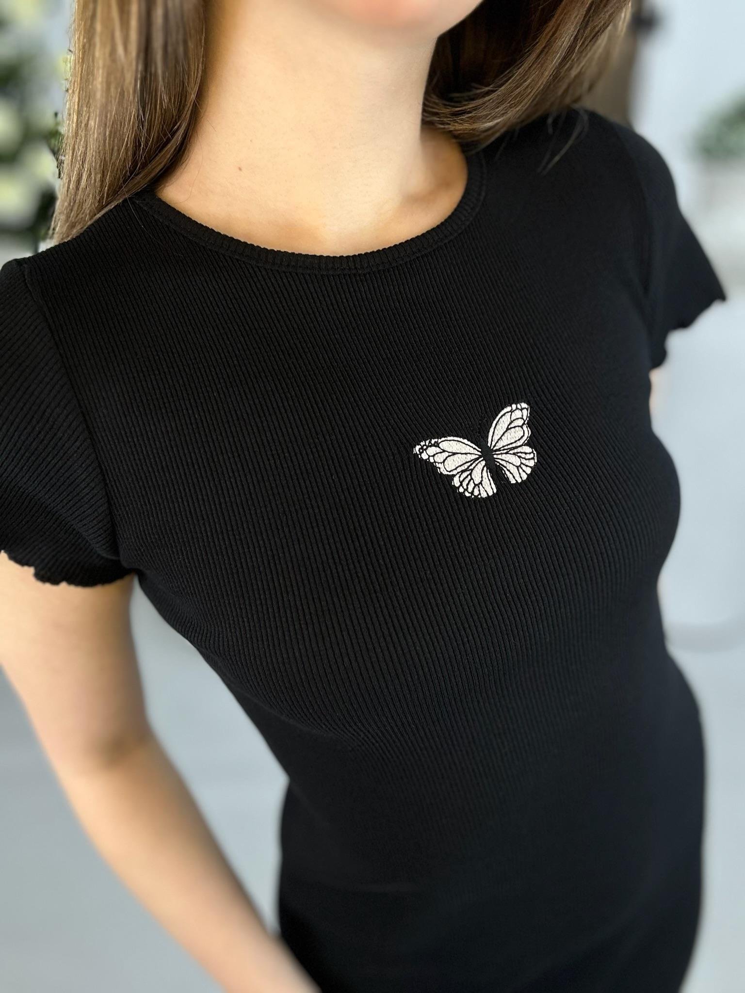 Kaşkorse Kumaş Kelebek Nakışlı Kalem Model Elbise