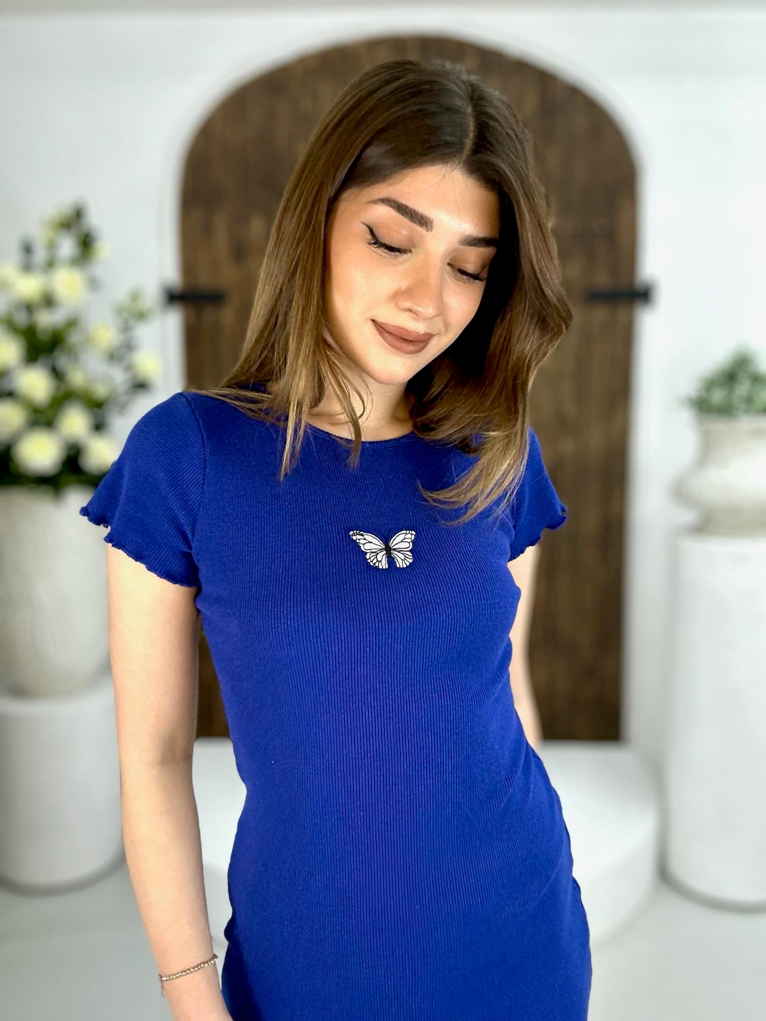 Kaşkorse Kumaş Kelebek Nakışlı Kalem Model Elbise