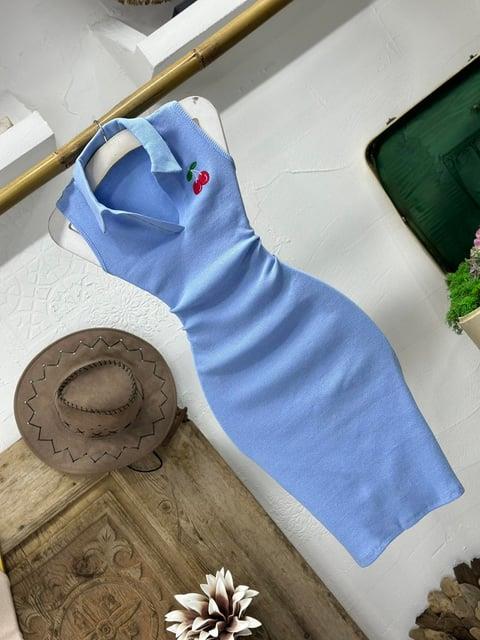 Kaşkorse Kumaş Kiraz Nakışlı Polo Yaka Elbise