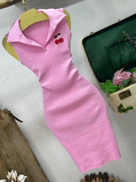 Kaşkorse Kumaş Kiraz Nakışlı Polo Yaka Elbise