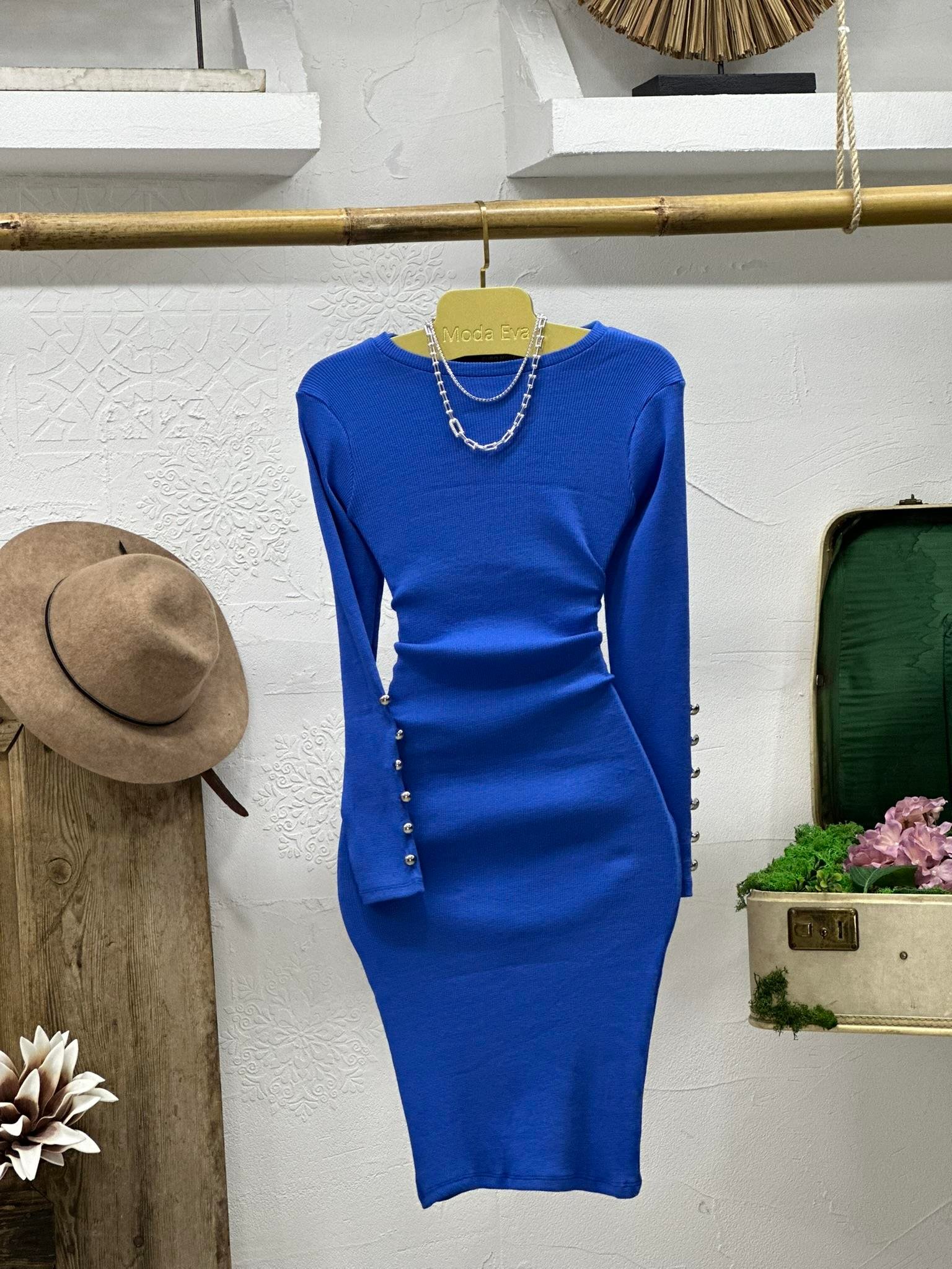 Kaşkorse Kumaş Kollar Düğme Detaylı Saks Kalem Elbise