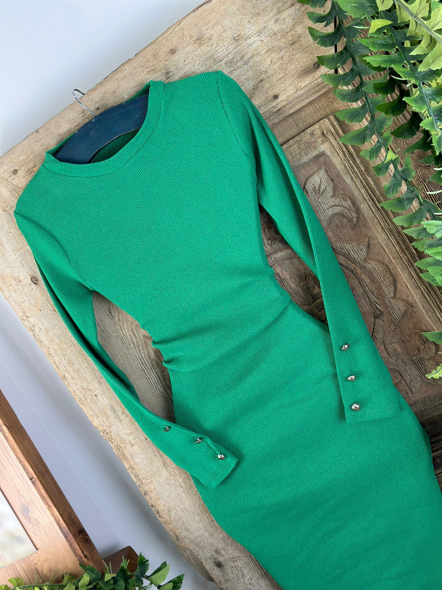 Kaşkorse Kumaş Kollar Gümüş Düğmeli Yeşil Kalem Elbise