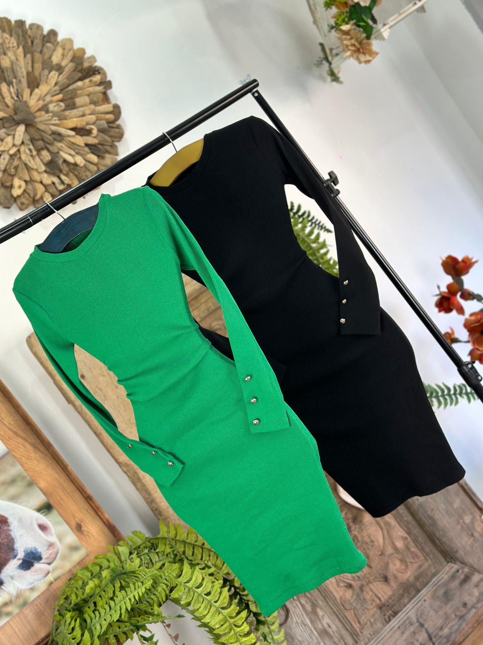 Kaşkorse Kumaş Kollar Gümüş Düğmeli Yeşil Kalem Elbise