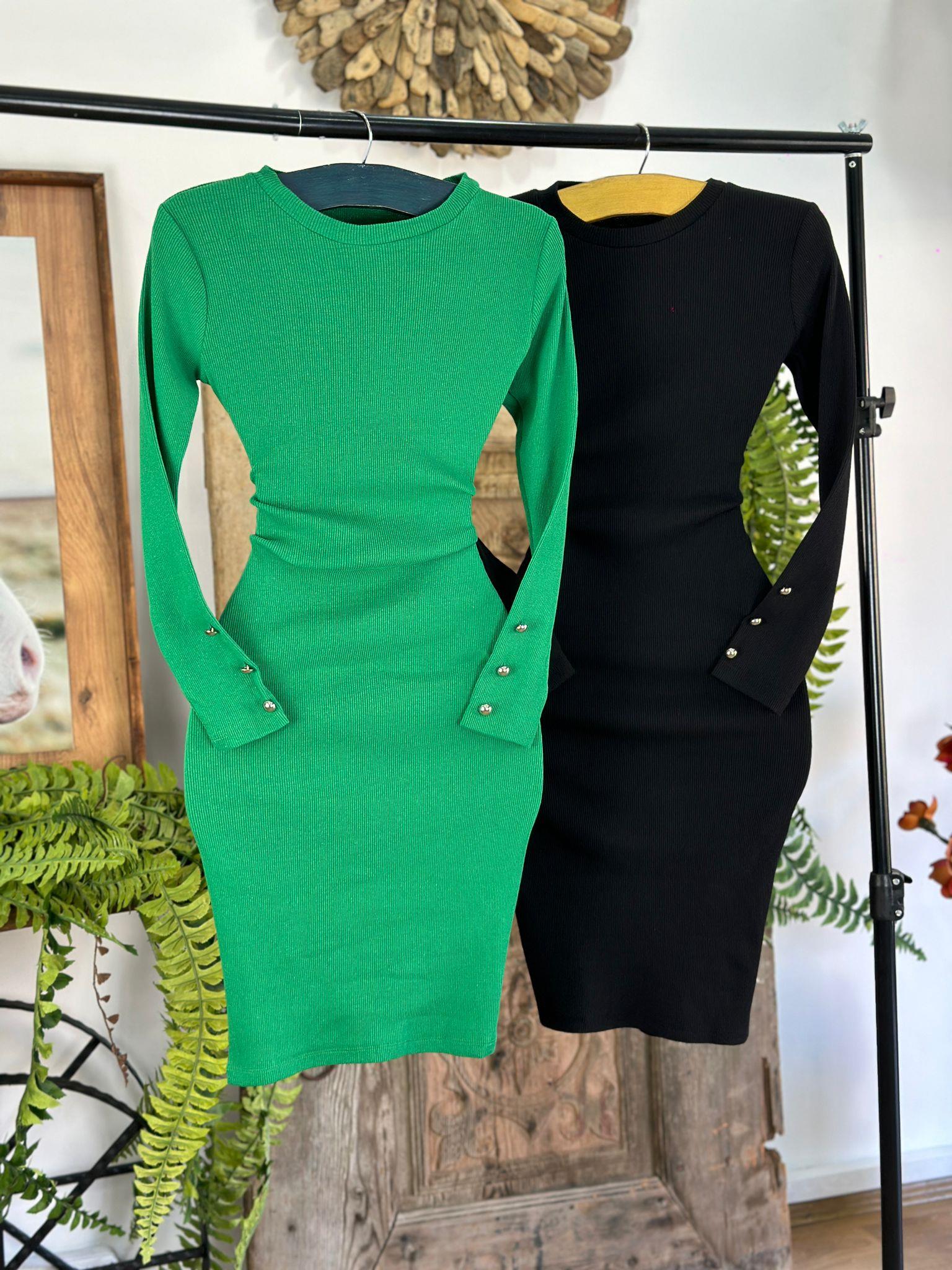 Kaşkorse Kumaş Kollar Gümüş Düğmeli Yeşil Kalem Elbise