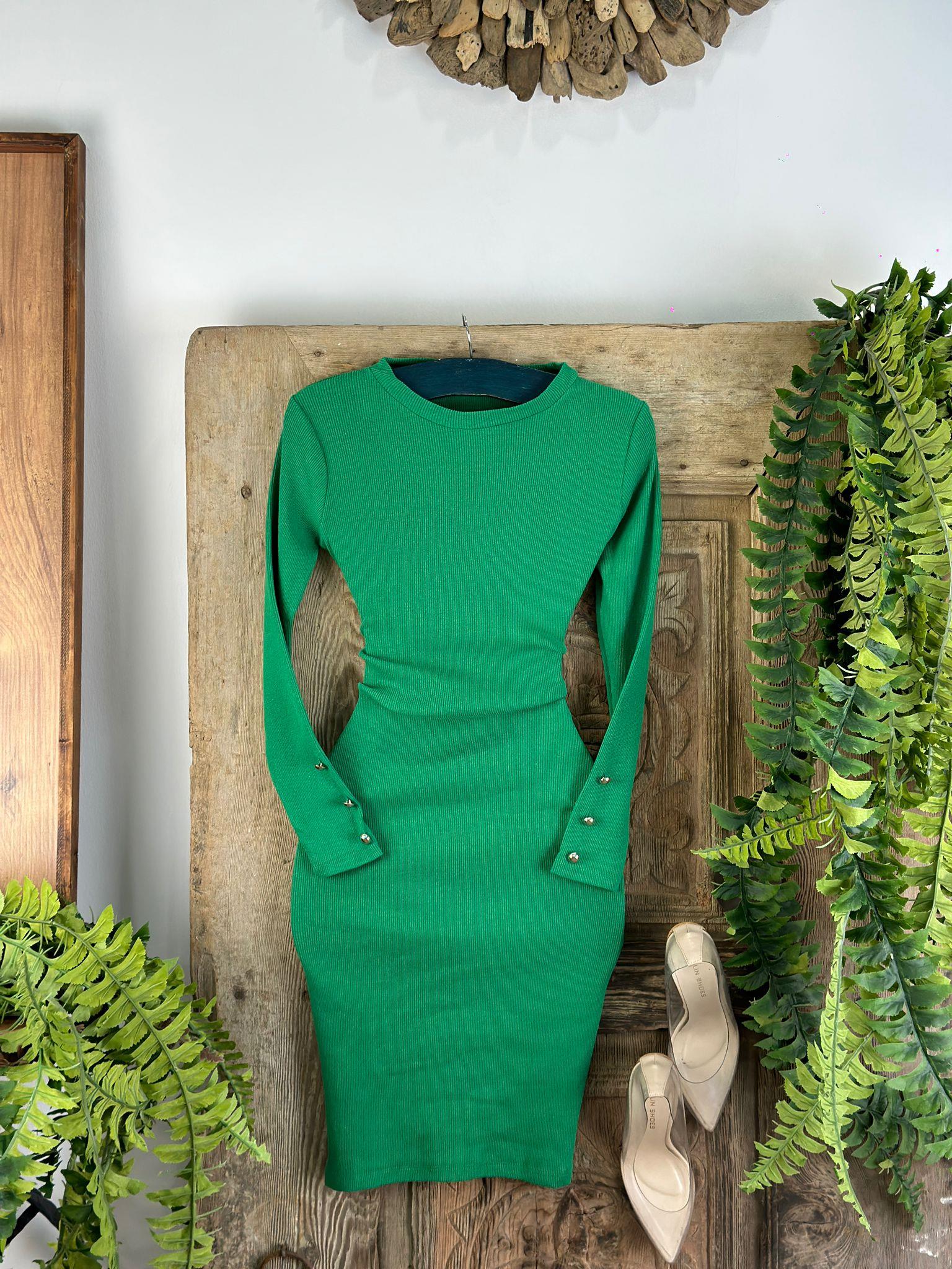 Kaşkorse Kumaş Kollar Gümüş Düğmeli Yeşil Kalem Elbise