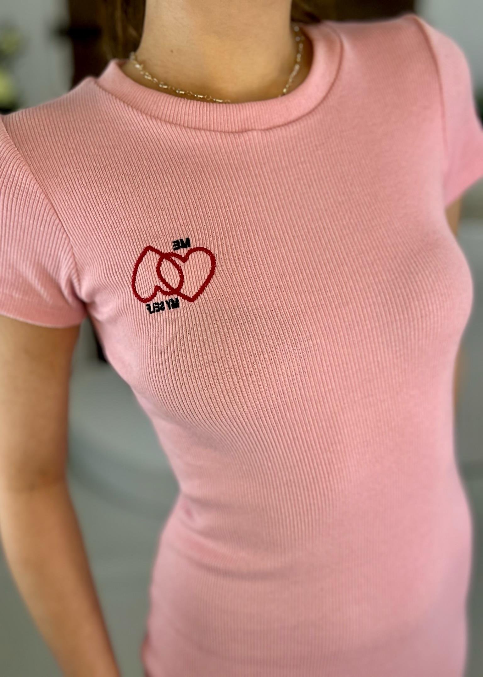 Kaşkorse Kumaş My Self & Kalp Nakışlı Kalem Elbise Pudra