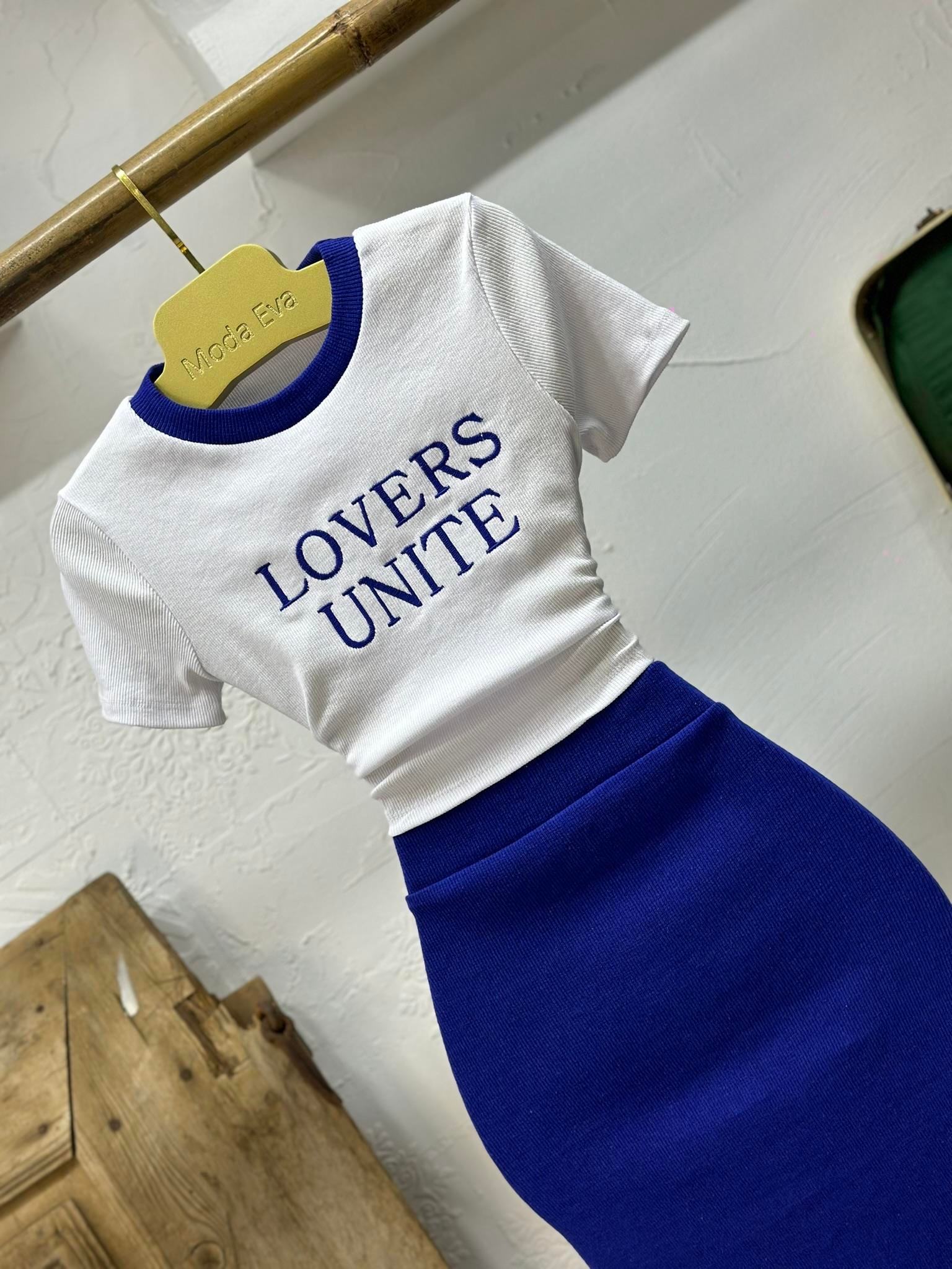 Kaşkorse Kumaş Nakışlı Lover Etekli İkili Takım Saks