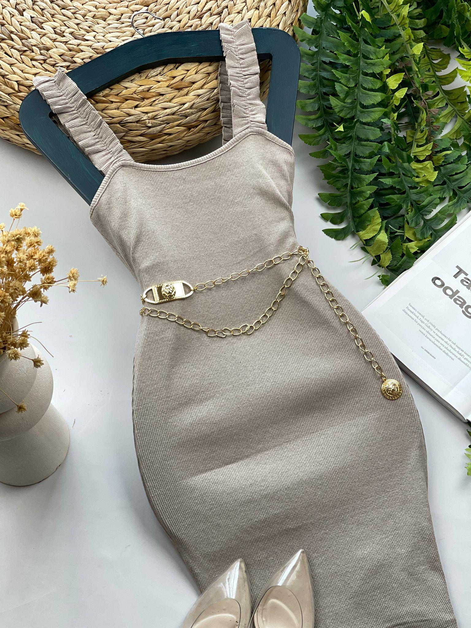 Kaşkorse Kumaş Omuz Fırfırlı Elbise