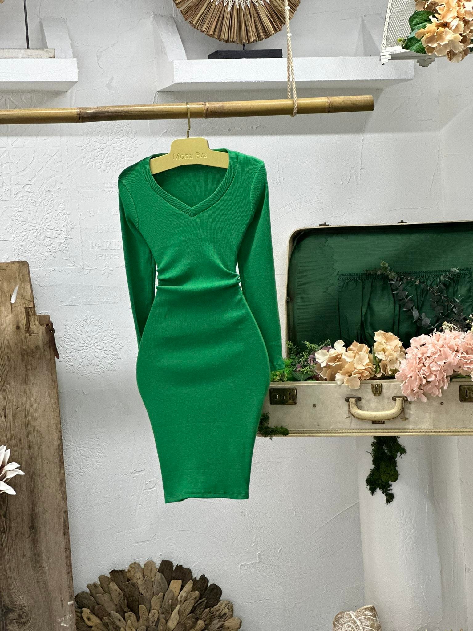 Kaşkorse Kumaş V Yaka Uzun Kollu Basic Yeşil Elbise