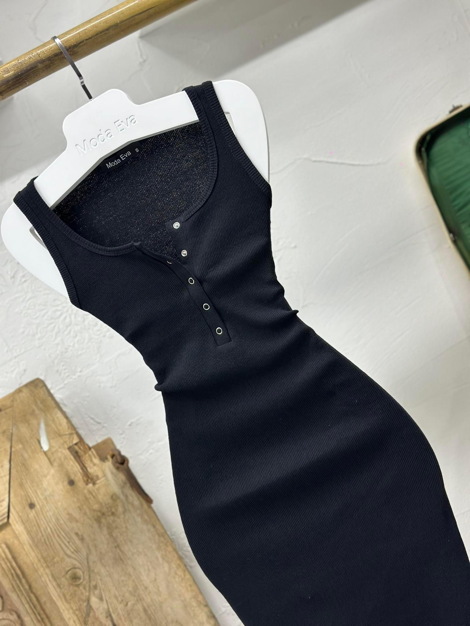 Kaşkorse Kumaş Yaka Düğmeli Kolsuz Elbise