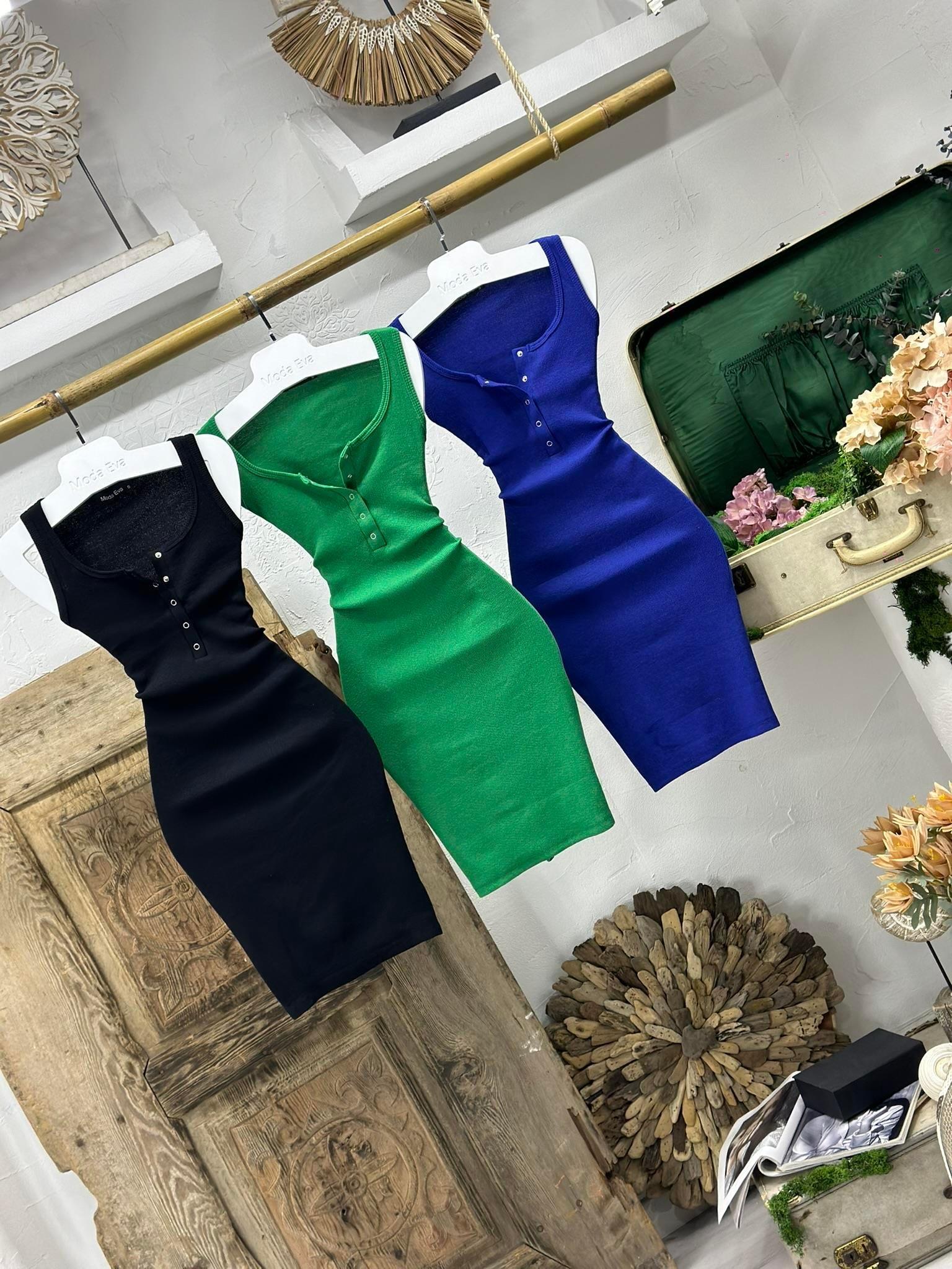 Kaşkorse Kumaş Yaka Düğmeli Kolsuz Elbise