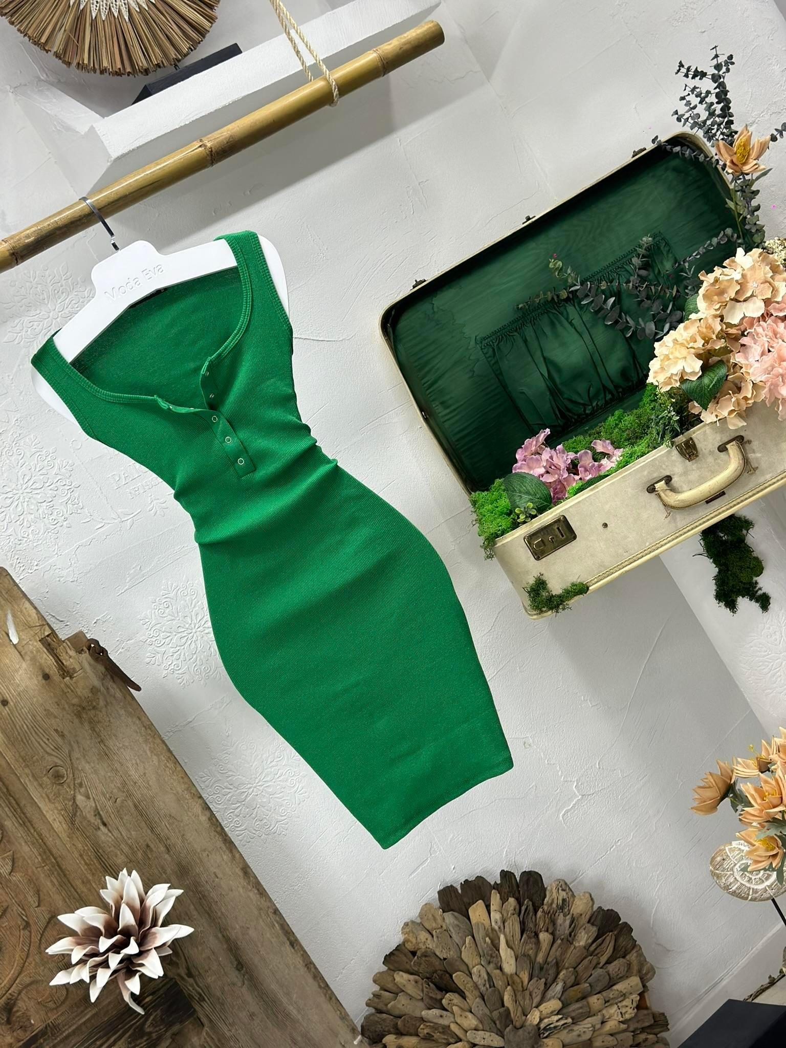 Kaşkorse Kumaş Yaka Düğmeli Kolsuz Elbise