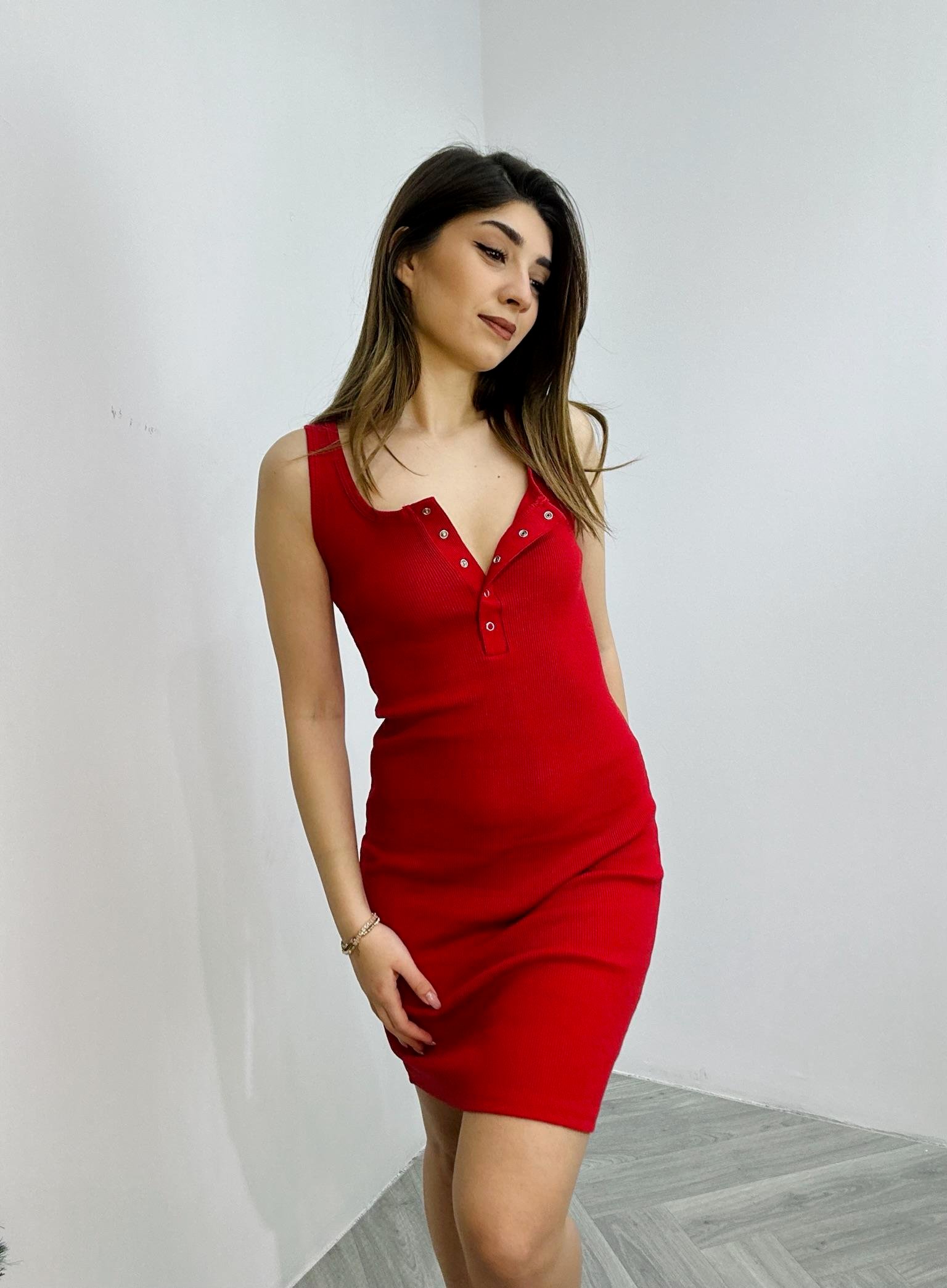 Kaşkorse Kumaş Yaka Düğmeli Kolsuz Elbise