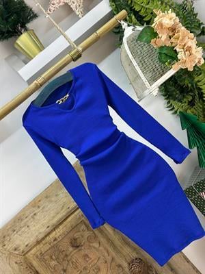 Kaşkorse Kumaş Yaka Zincir Detaylı Uzun Kollu Kalem Saks  Elbise 