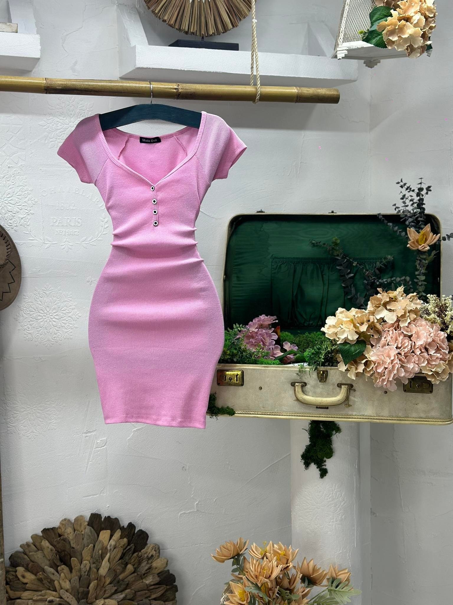 Kaşkorse Kumaş Yakası Düğmeli Kısa Kollu Elbise