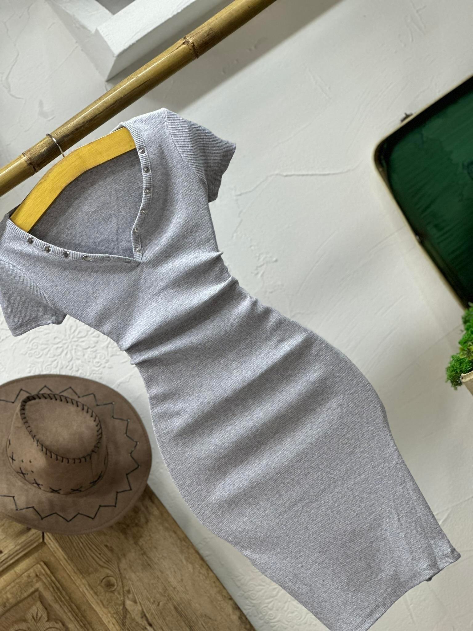 Kaşkorse Kumaş Yakası Patlı Kısa Kollu Kalem Elbise