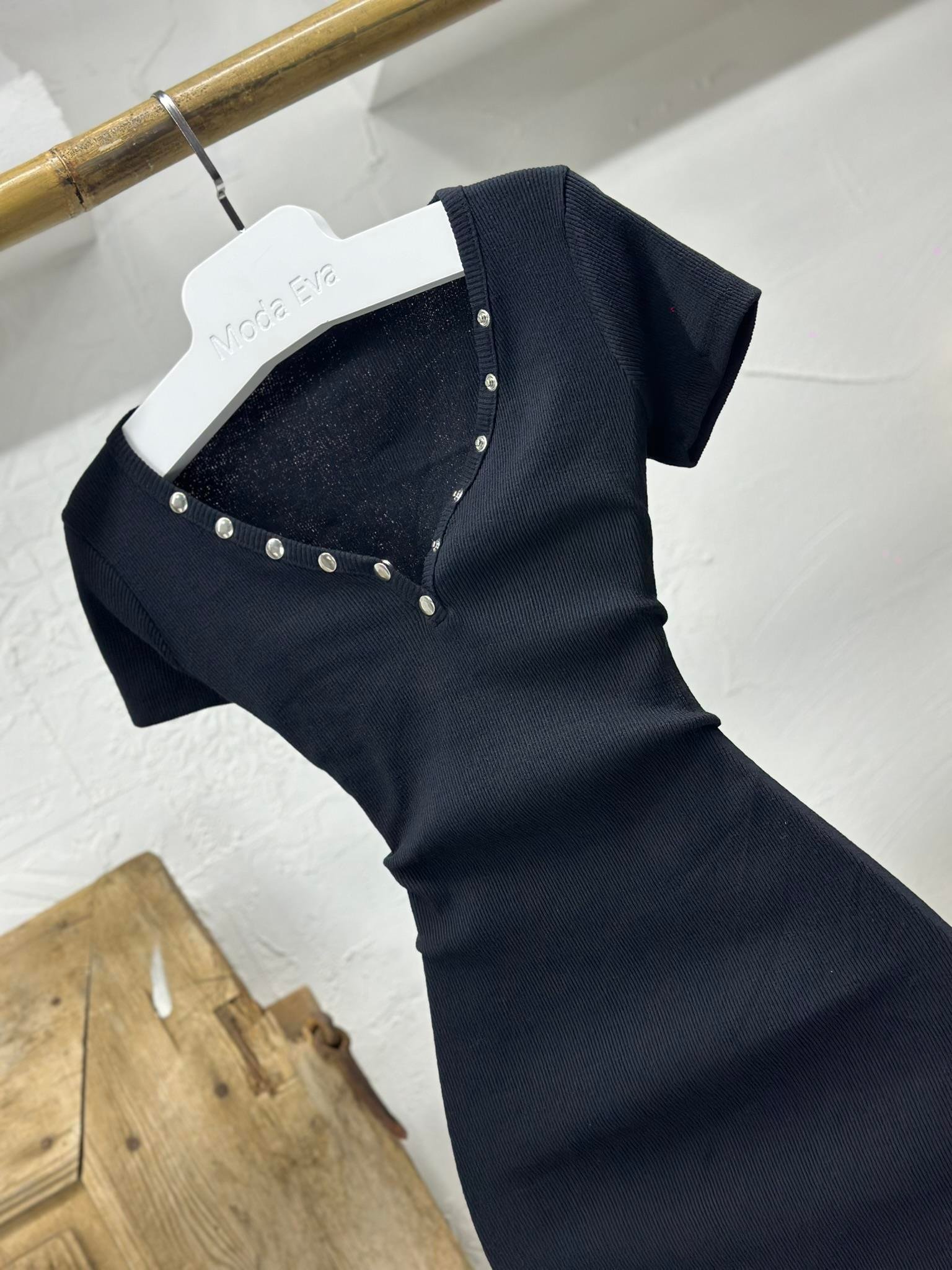 Kaşkorse Kumaş Yakası Patlı Kısa Kollu Kalem Elbise