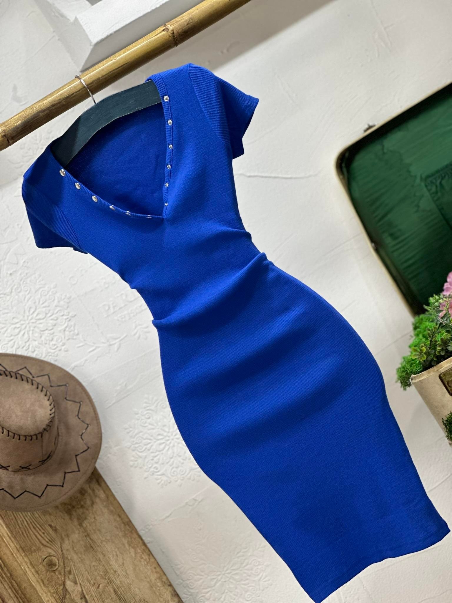 Kaşkorse Kumaş Yakası Patlı Kısa Kollu Kalem Elbise