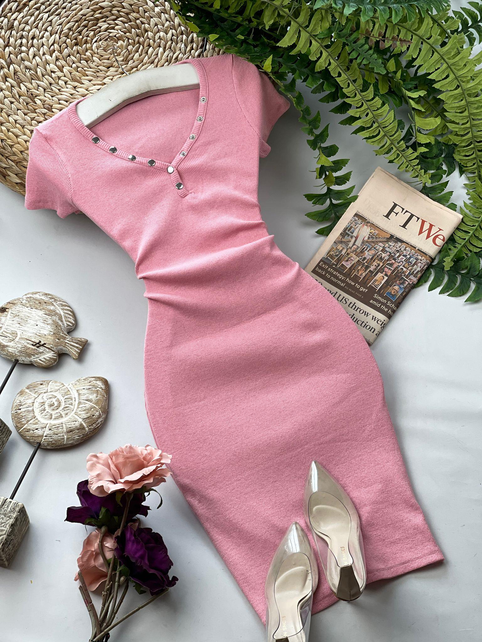 Kaşkorse Kumaş Yakası Patlı Kısa Kollu Kalem Elbise