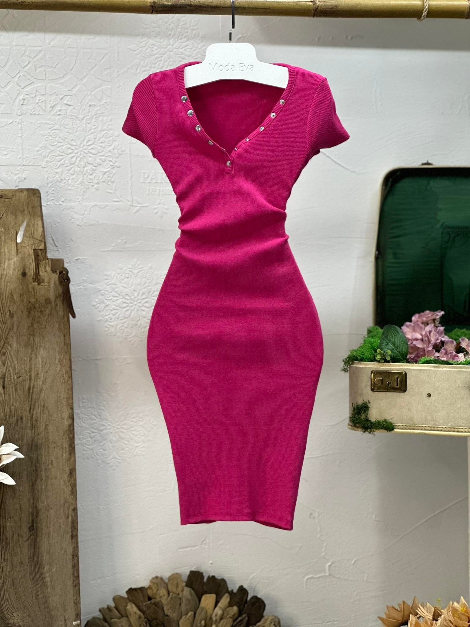 Kaşkorse Kumaş Yakası Patlı Kısa Kollu Kalem Elbise