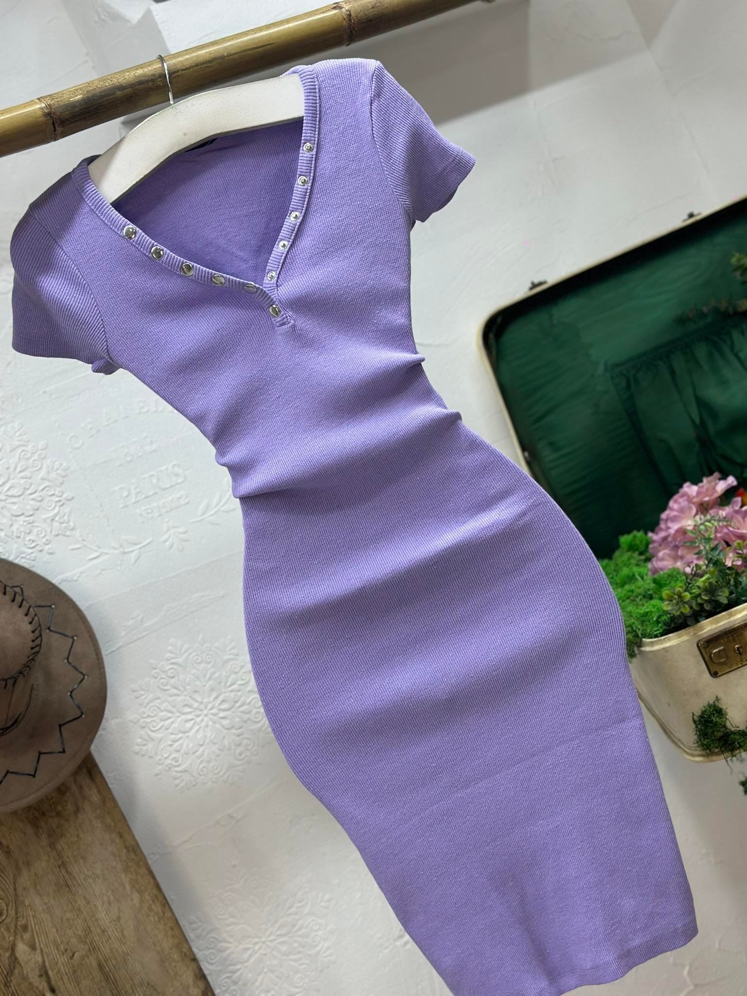 Kaşkorse Kumaş Yakası Patlı Kısa Kollu Kalem Elbise