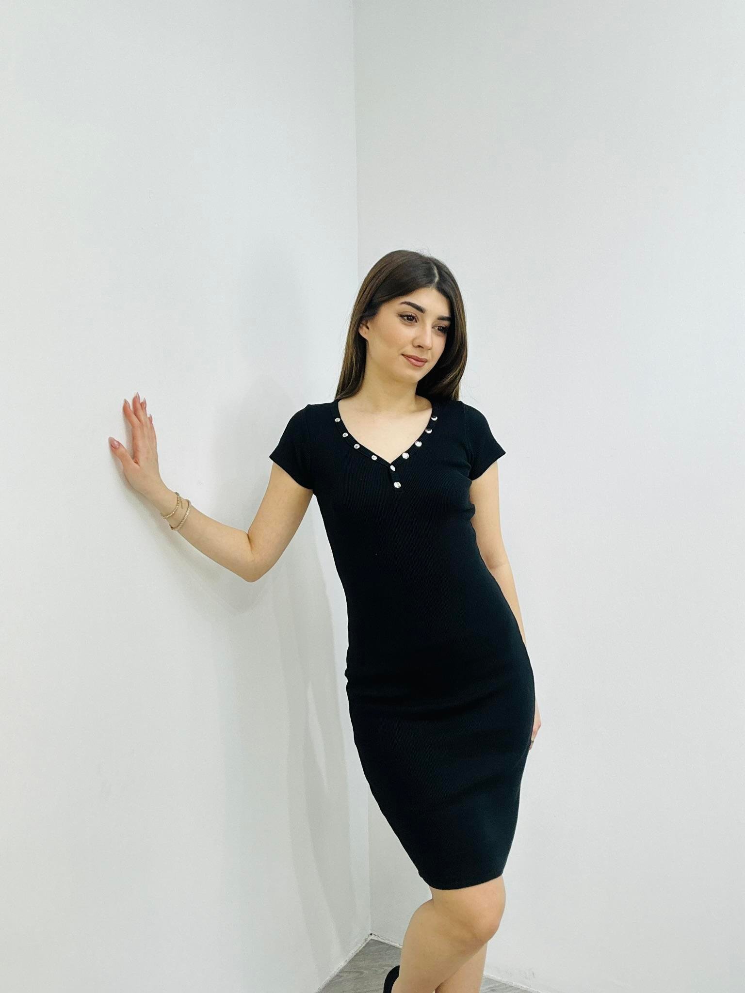 Kaşkorse Kumaş Yakası Patlı Kısa Kollu Kalem Elbise