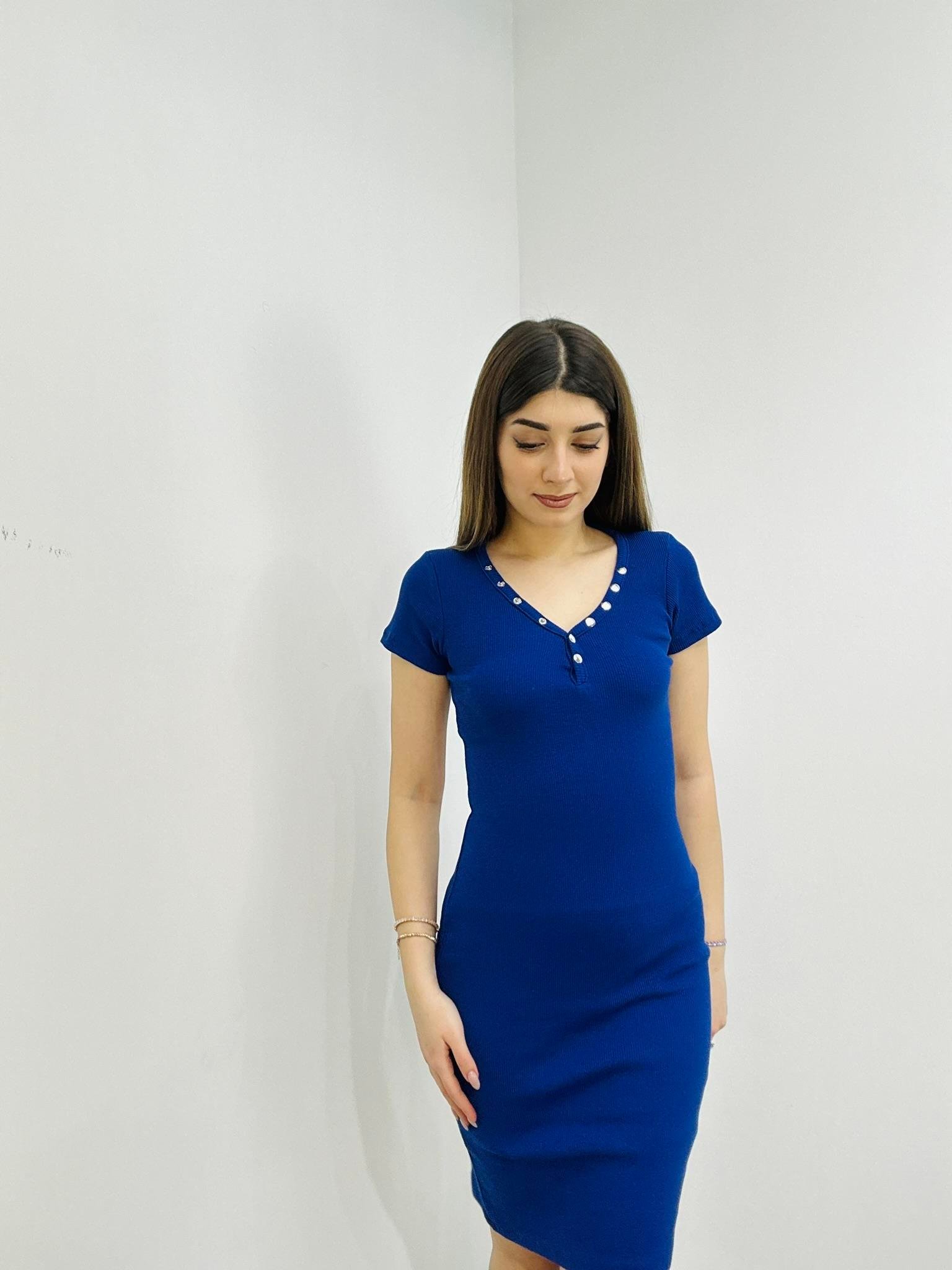 Kaşkorse Kumaş Yakası Patlı Kısa Kollu Kalem Elbise