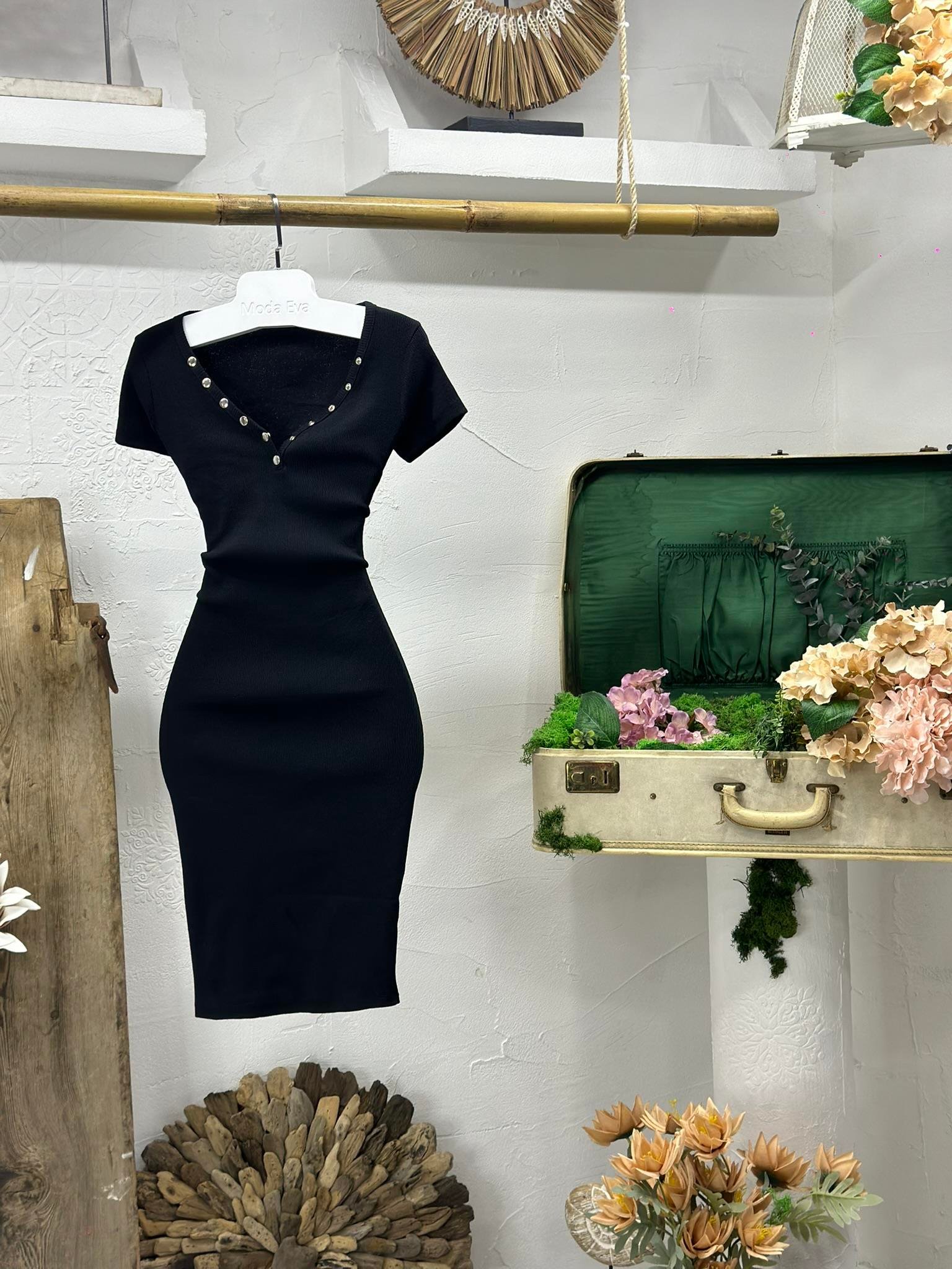 Kaşkorse Kumaş Yakası Patlı Kısa Kollu Kalem Elbise