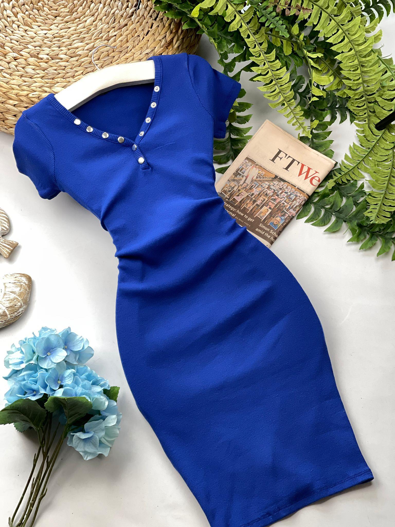 Kaşkorse Kumaş Yakası Patlı Kısa Kollu Kalem Elbise