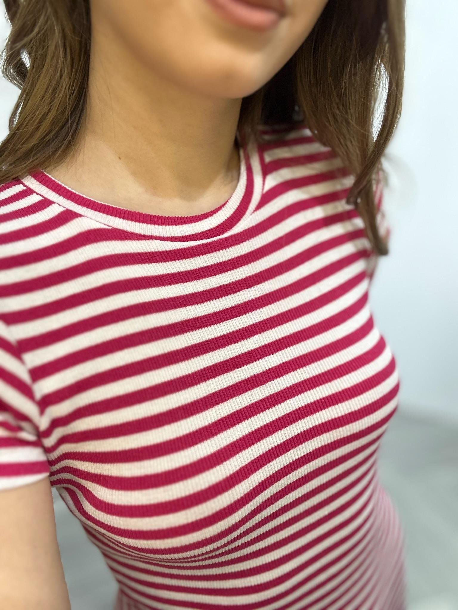 Kaşkorse Kumaş Yuvarlak Yaka Çizgi Desen Kalem Elbise