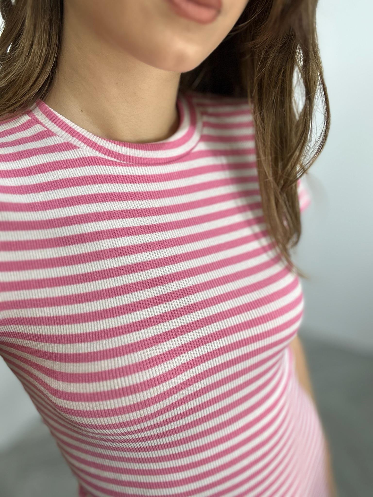 Kaşkorse Kumaş Yuvarlak Yaka Çizgi Desen Kalem Elbise