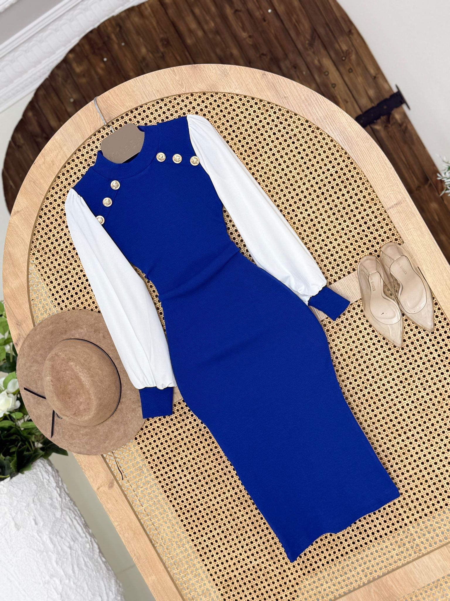 Kaşkorse ve Micro Kumaş Gold Düğmeli Kalem Elbise Saks