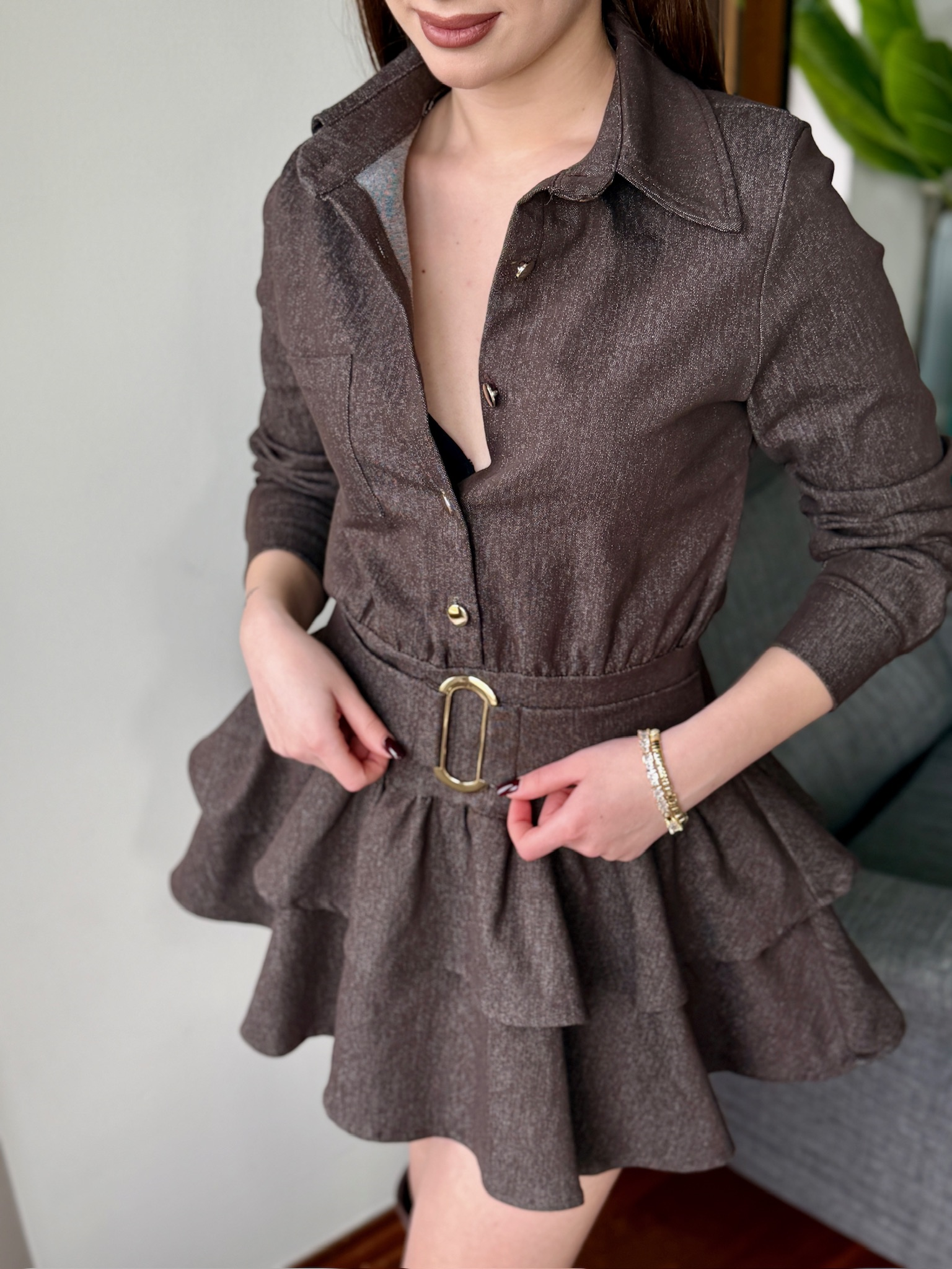 Kat Etekli Kemerli Jean Elbise Kahverengi